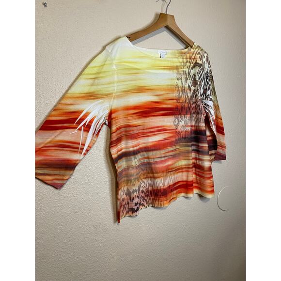 Chico's Boho Y2K Sunset Animal Print Boat Neck 3/4 Sleeve Yellow Orange Top 3 XL - Picture 2 of 12